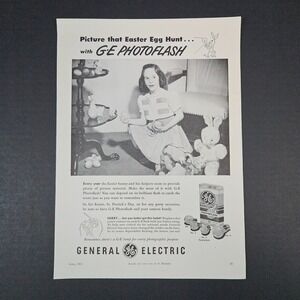 1951 GE General Electric Photoflash Vintage Print Ad Girl Easter Egg Hunt‎ Bunny